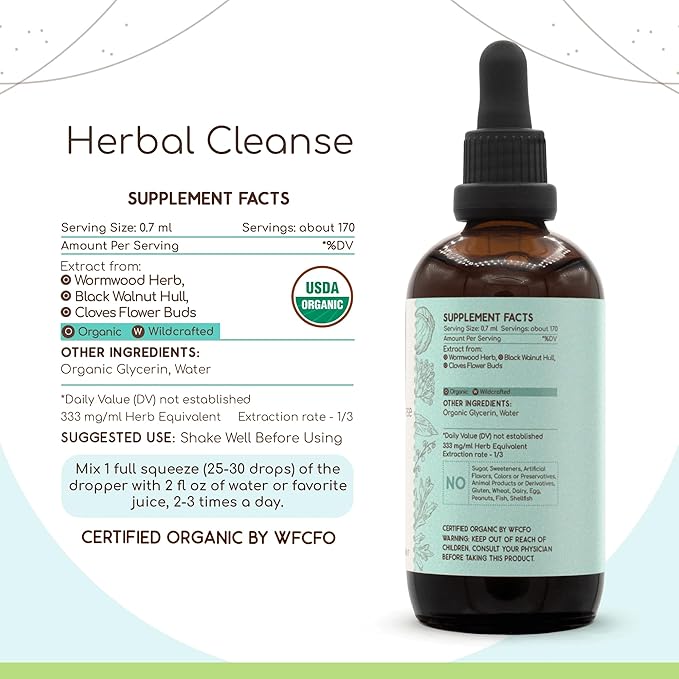 HerbEra Herbal Cleanse Organic Alcohol-Free Tincture | Detox and Cleanse Formula, Extract Supplement | Organic Wormwood Herb, Black Walnut Hull, Cloves Flower Buds | Purge Extract (4 fl oz)