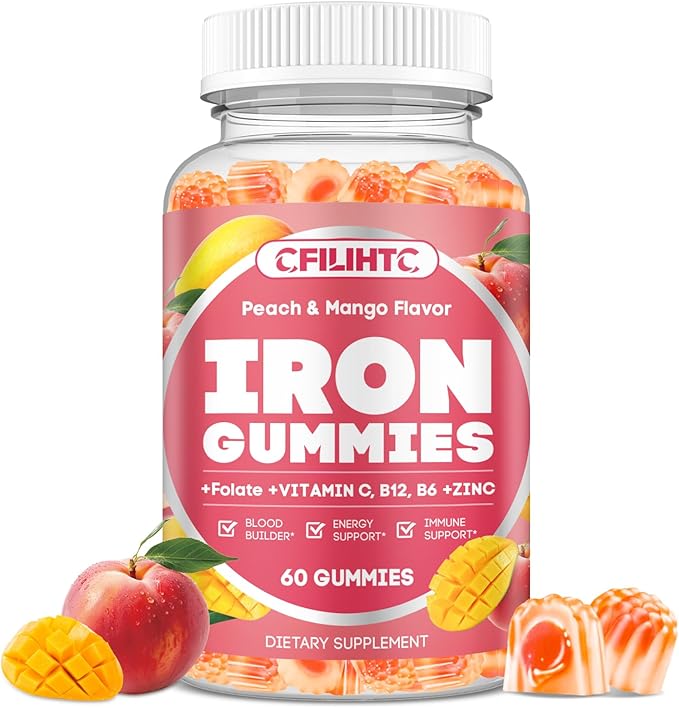 Center-Filled Iron Gummies for Adults & Kids - Iron Supplement with Vitamin B6, B12, C, Zinc, Folate - Support Women Iron Deficiency, Anemia, Blood Builder - Sugar Free Vegan 60ct Peach & Mango Flavor