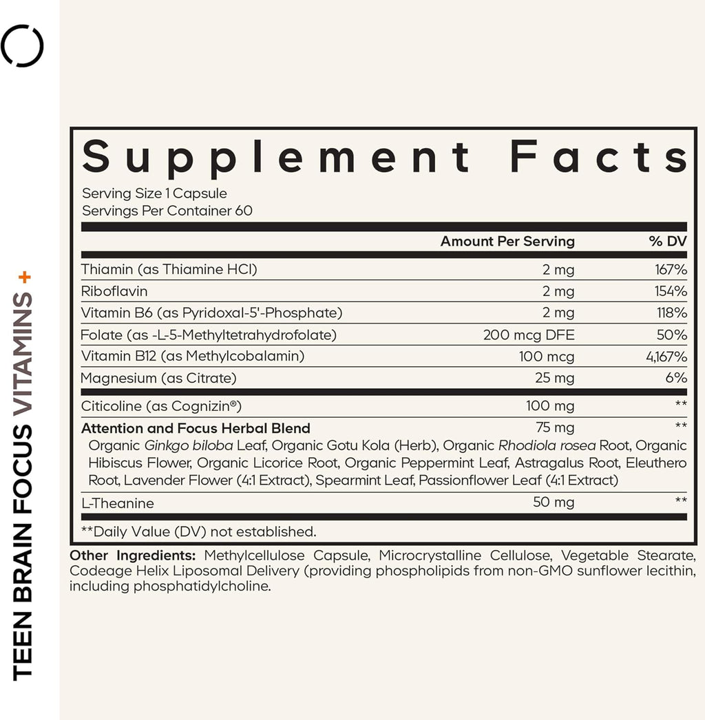 Codeage Teen Brain Focus Vitamins+ Citicoline Cognizin, L-Theanine, Ginkgo, Rhodiola, Lavender, Magnesium, Vitamin B6, B12, Folate - 2-Month Supply - 12-18 Years - Liposomal Supplement - 60 Capsules