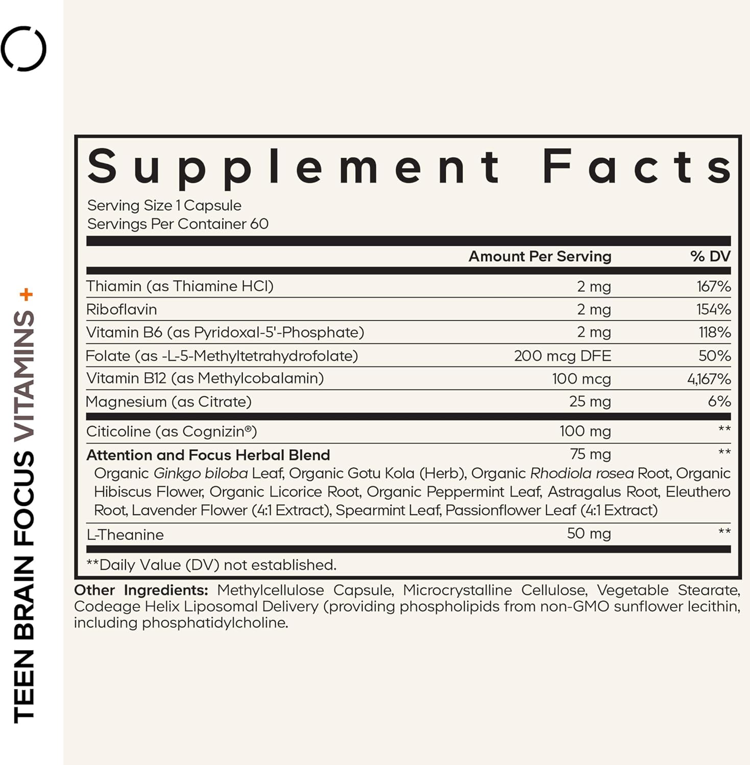Codeage Teen Brain Focus Vitamins+ Citicoline Cognizin, L-Theanine, Ginkgo, Rhodiola, Lavender, Magnesium, Vitamin B6, B12, Folate - 2-Month Supply - 12-18 Years - Liposomal Supplement - 60 Capsules