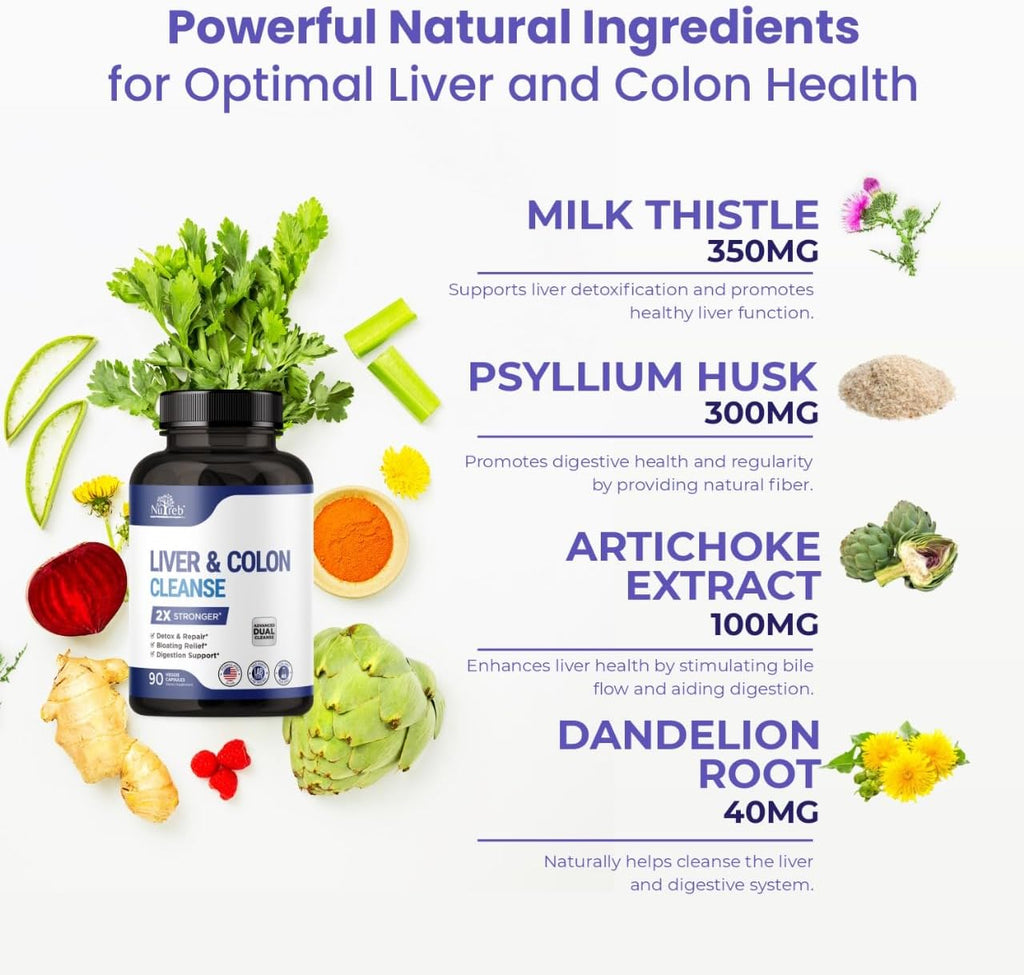 Liver Detox & Colon Cleanse - 2X Stronger - Liver Cleanse Detox & Repair - Colon Cleanser & Detox - Premium Milk Thistle Supplement - Men & Women - Vegan 90 Capsules