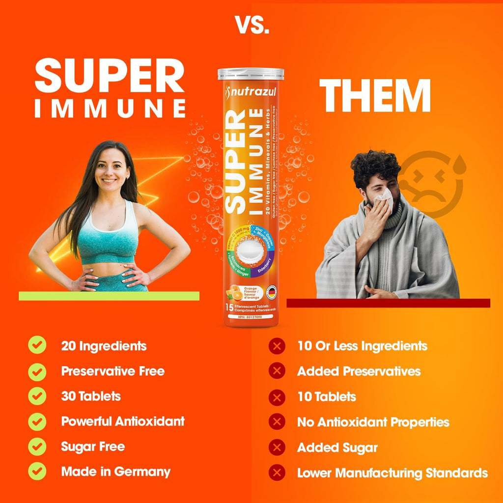 nutrazul Super Immune 30 Effervescent Tablets, 20 Vitamins & Minerals, Herbal Extracts to Support Daily Routine, Vitamin C, Zinc, Elderberry & Echinacea, Vegan, Gluten-Free, Sugar-Free, Orange Flavor