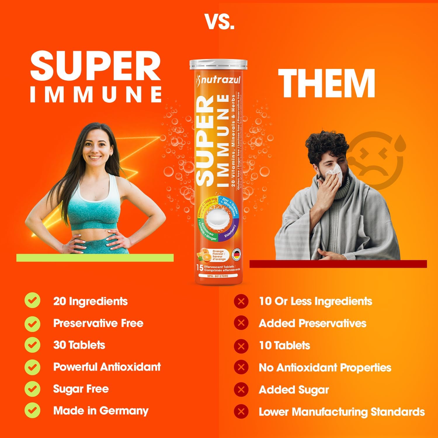nutrazul Super Immune 30 Effervescent Tablets, 20 Vitamins & Minerals, Herbal Extracts to Support Daily Routine, Vitamin C, Zinc, Elderberry & Echinacea, Vegan, Gluten-Free, Sugar-Free, Orange Flavor
