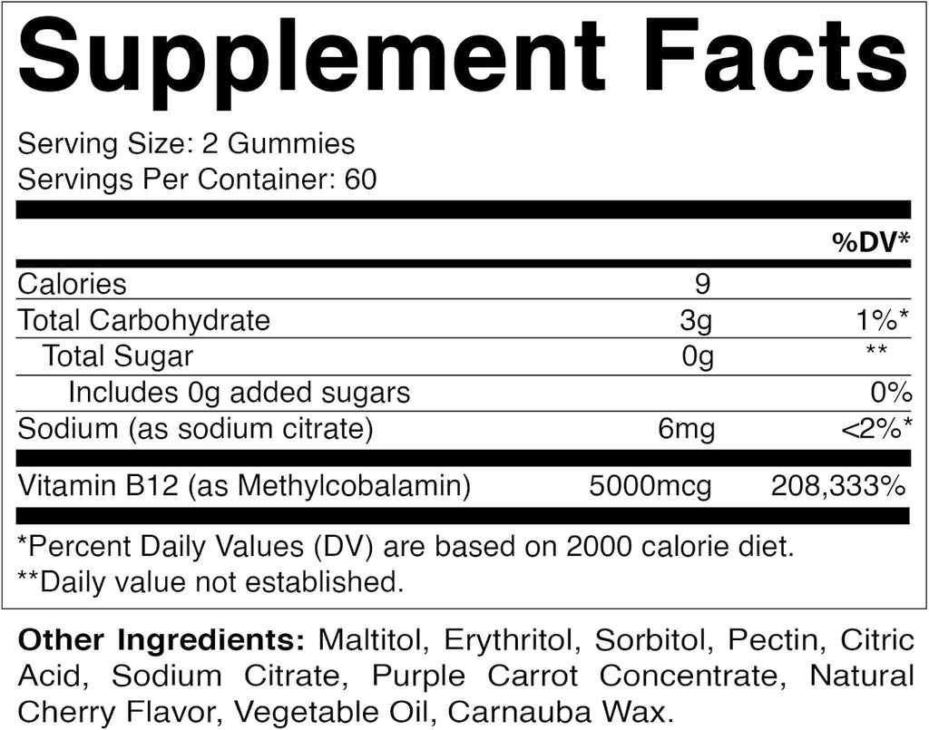 Vitamatic Extra Strength Vitamin B12 5000 mcg (Methyl B12) Gummies - 120 Count - Energy Metabolism Support and Nervous System Health Support, Natural Cherry Flavored (1)