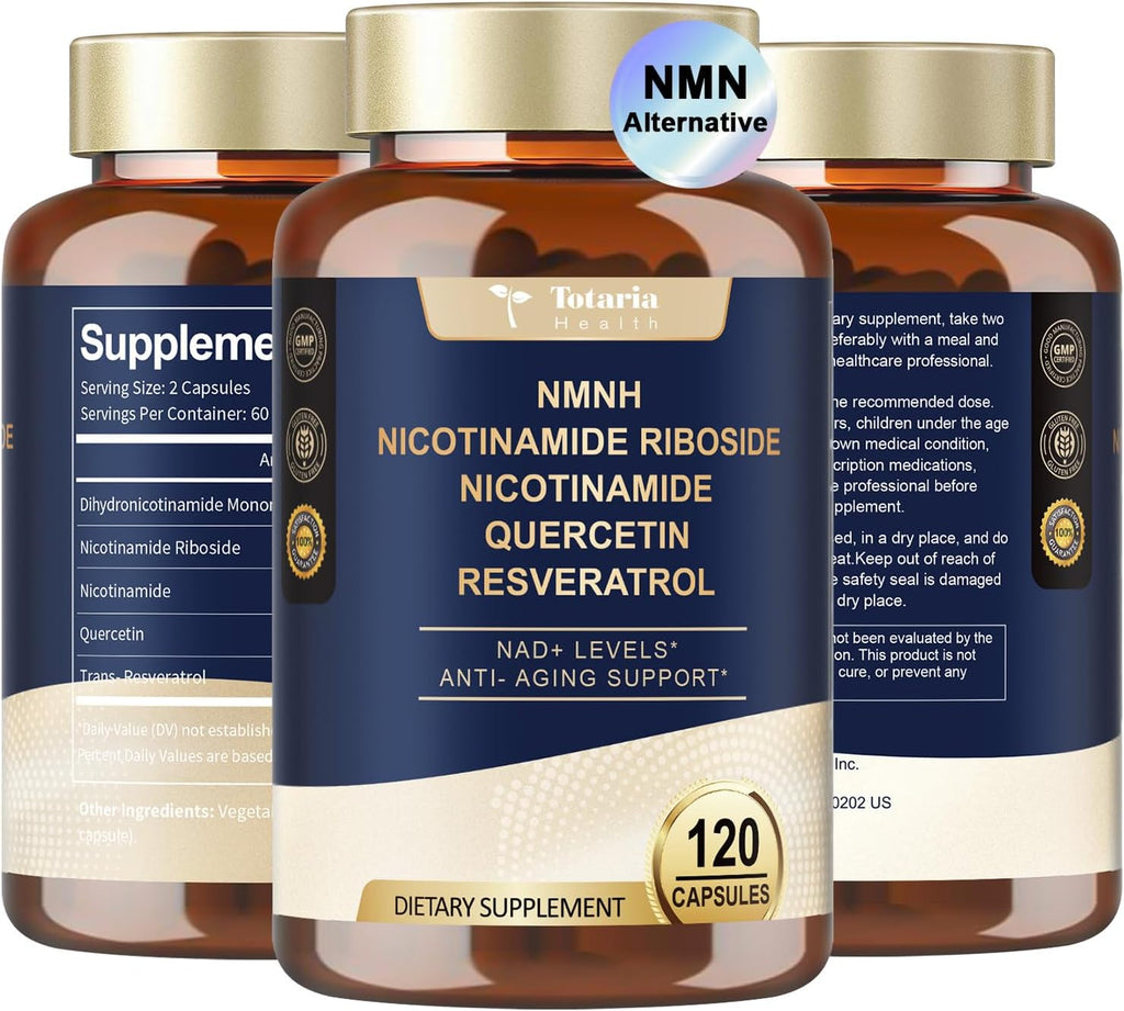 NMNH (Dihydronicotinamide Mononucleotide), NMN Alternative Supplement w/Niacinamide (Vitamin B3), Quercetin, Trans-Resveratrol, Support NAD+, Skin Cell Health*, Anti-Aging & Energy, 120 Caps
