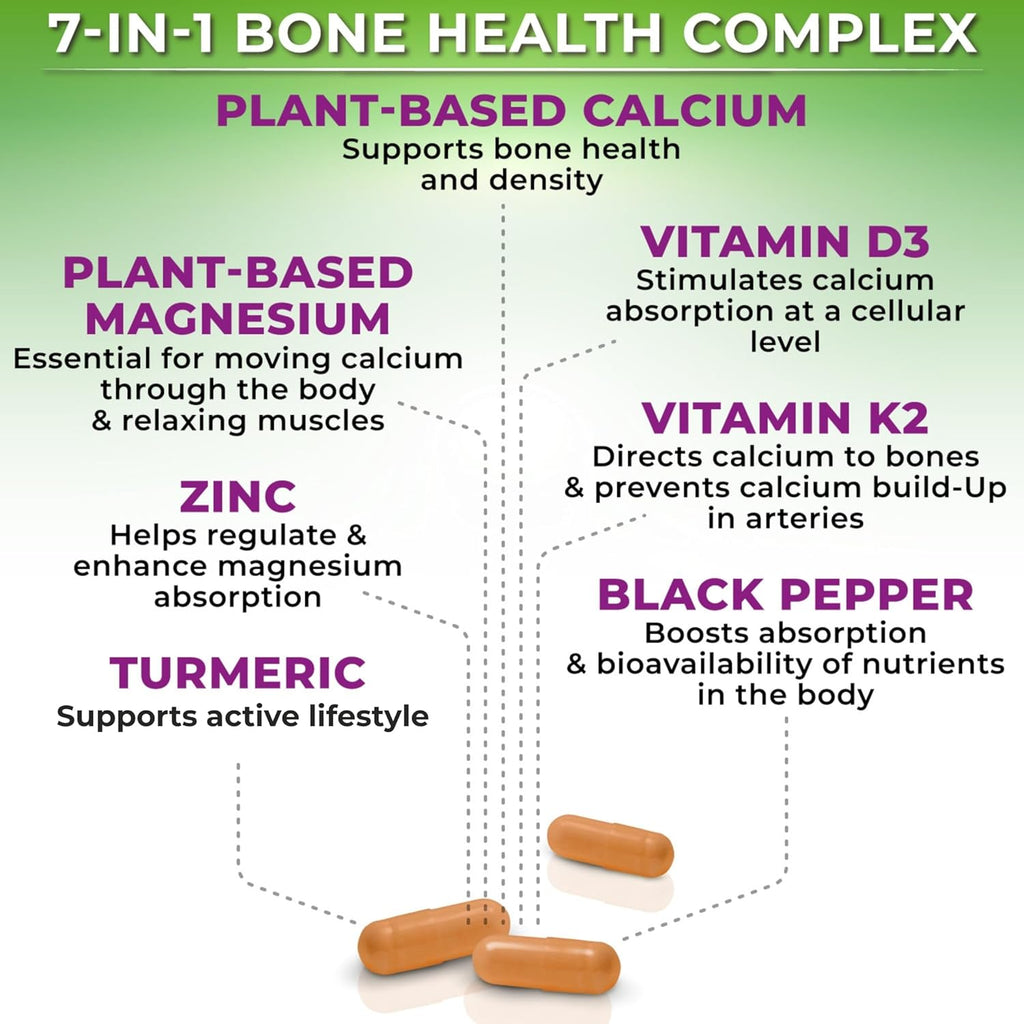 Plant-Based Calcium 500mg (Aquamin) – Vegan Calcium Magnesium Zinc D3 with Vitamin K2 & Organic Turmeric – Enhanced Bone and Muscle Health & Strength, Immune Support for Women & Men - 90 Count