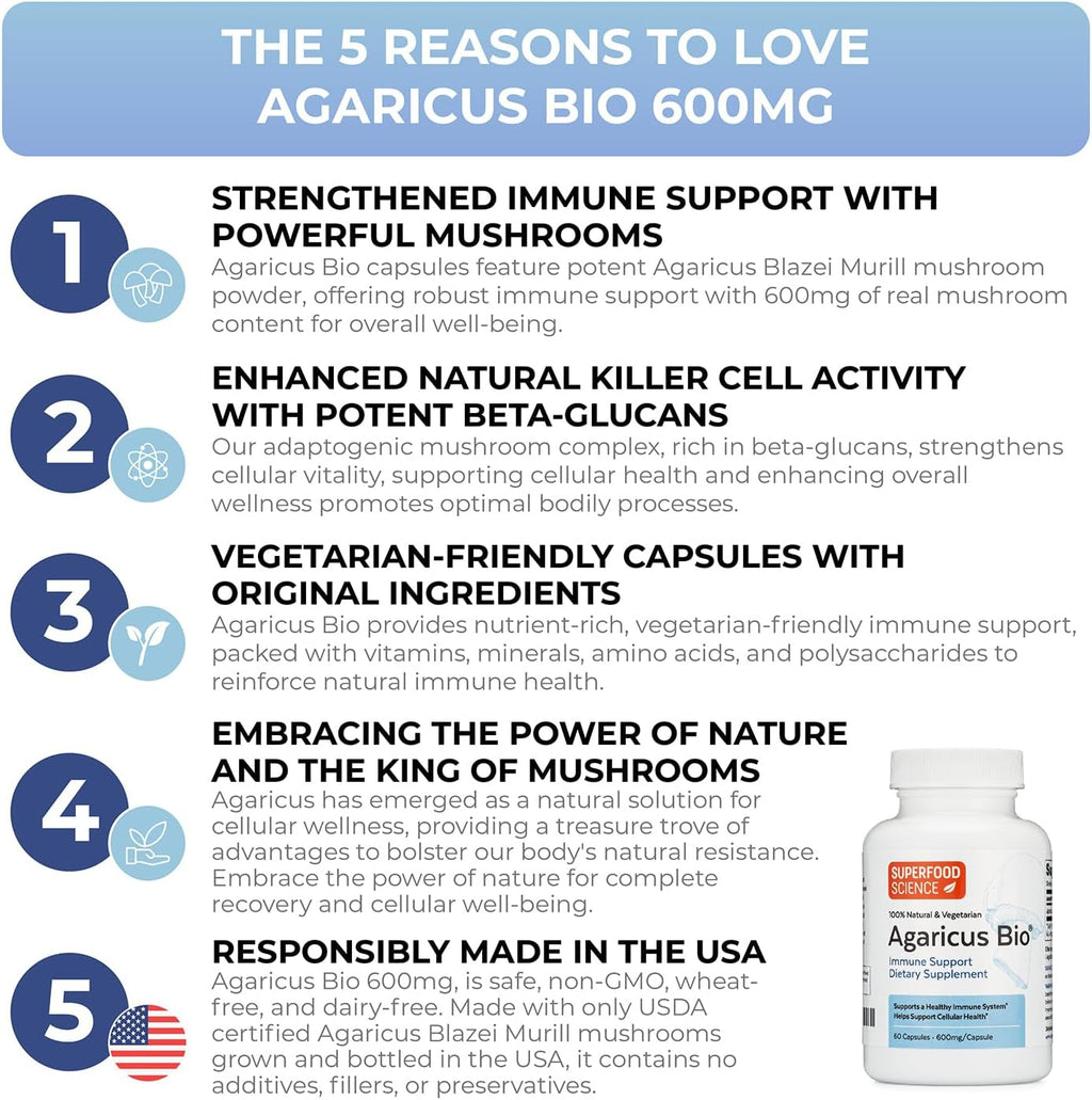 Agaricus Bio 600 mg, Natural Killer Cell Activity -USA-Grown Organic Agaricus Blazei Murill Mushroom for Immune Support, Liver & Cellular Health, High Beta Glucan Supplements, 60 Caps