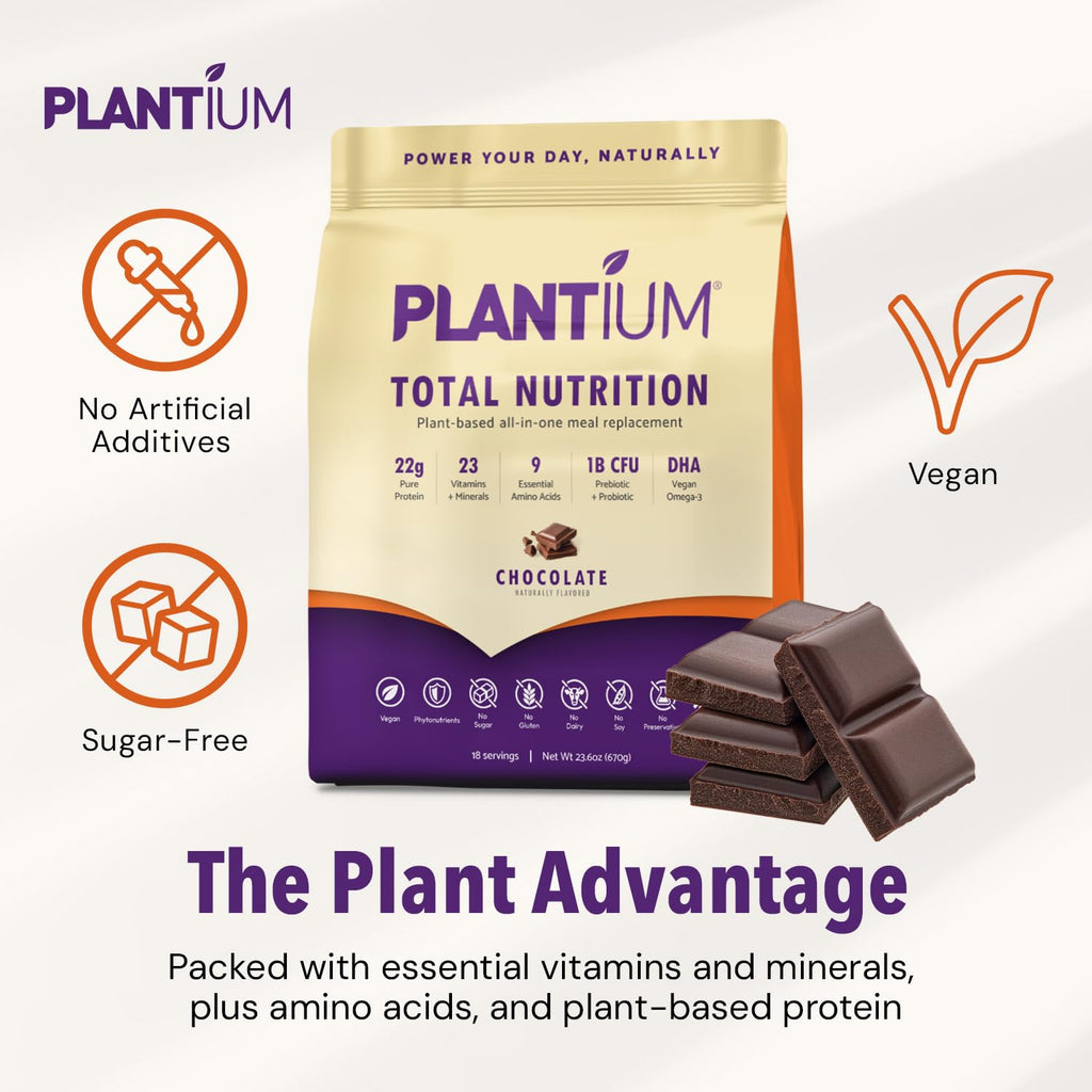 Plantium Total Nutrition, Premium All-In-One Meal Replacement Shake, Plant-Based Protein Powder with Vitamins, Minerals & Probiotics, 22g Protein per Serving, Chocolate