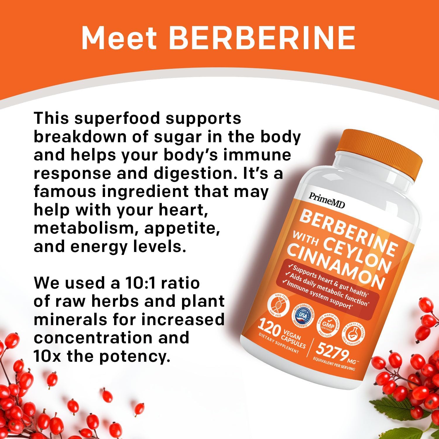 21-in-1 Berberine Supplement with Ceylon Cinnamon with Chromium, Bitter Melon and Green Tea Extract and Black Pepper Extract 5X for Energy & Metabolism Support with 5279 mg (120 ct, Pack of 3)