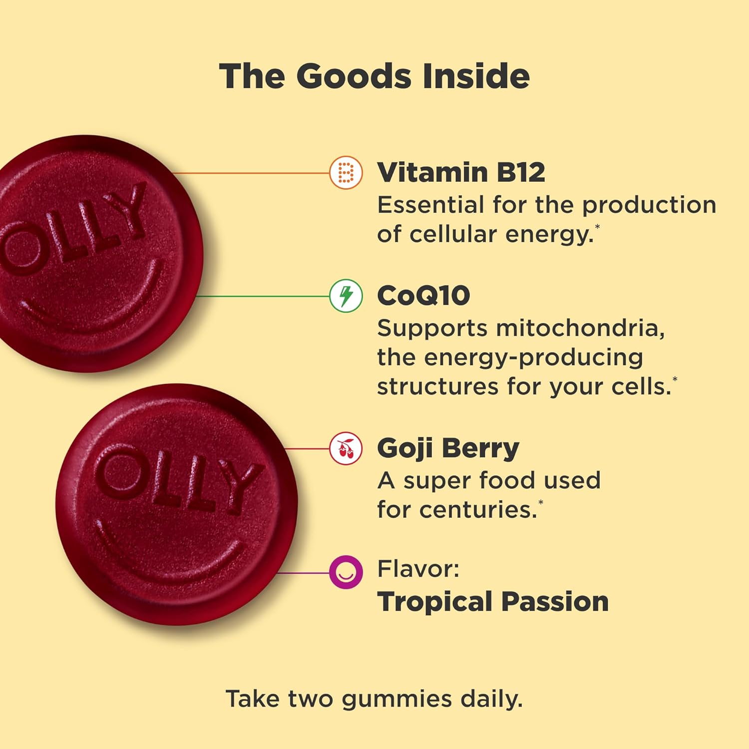 OLLY Daily Energy Gummy, Caffeine Free, Vitamin B12, CoQ10, Goji Berry, Adult Chewable Supplement, Tropical Flavor - 60 Count (Pack of 2)