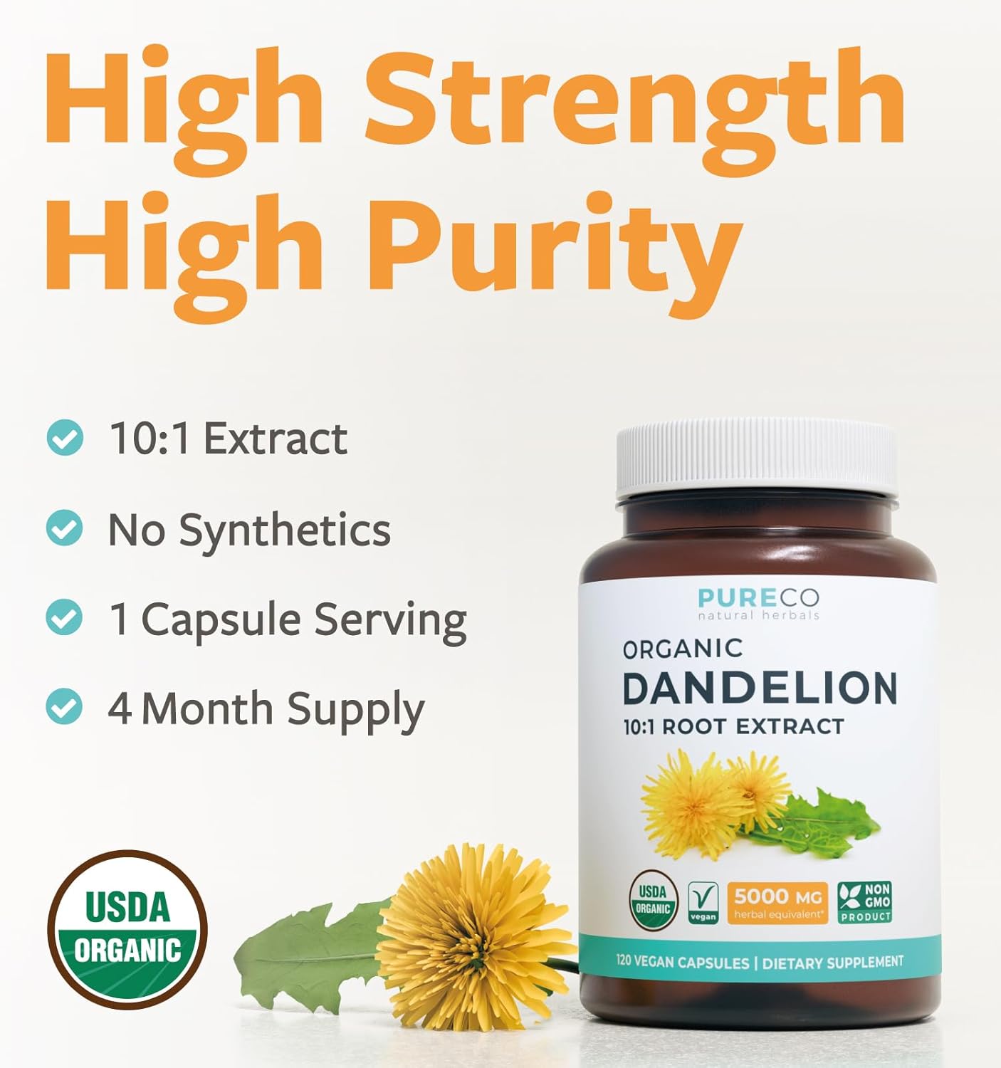 USDA Organic Dandelion Root Extract - High Potency 10:1 Dandelion Root Supplement with 5000mg Herbal Equivalent Strength for Liver Cleanse Detox & Repair Support - Vegan & Non-GMO (4 Month Supply)