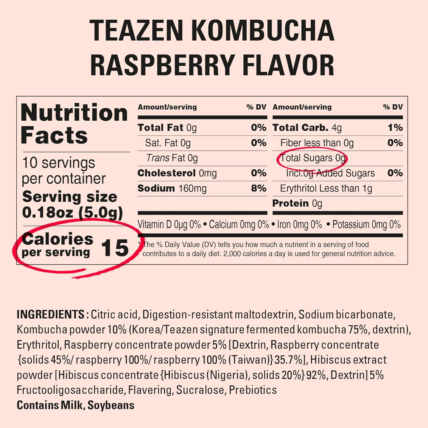 TEAZEN Raspberry Kombucha Tea, Hydration Drink Mix, Sugar Free, Live Probiotics & Prebiotics, 10 Sticks, 1.76oz