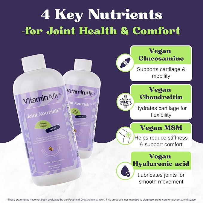 Joint Nourish – 100% Vegan Liquid Joint Supplement | Vegan Glucosamine, Chondroitin, MSM, Hyaluronic Acid & Vitamin C | Mango-Peach | Supports Joint Mobility, Cartilage & Skin | Sugar-Free,16 Servings