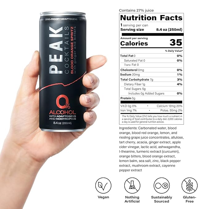 Peak Cocktails Non-Alcoholic Cocktail | Adaptogens, Nootropics, Superfoods for Recovery, Calm, Sleep | Ashwagandha, Tart Cherry, L-Theanine | Mixologist-crafted | Blood Orange Spritz | 8.4 oz, 12-Pack