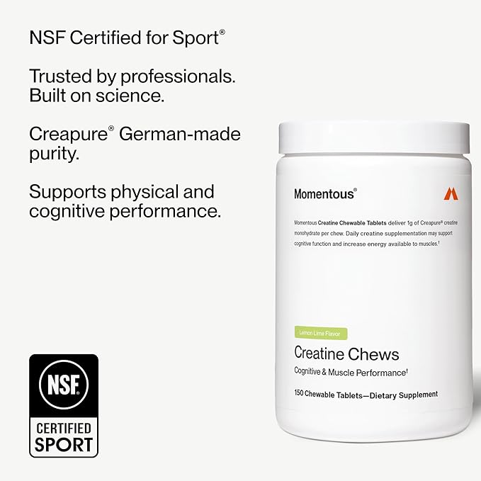 Momentous Creatine Chews - Creapure Creatine Monohydrate - Supports Strength, Lean Muscle, & Recovery for Men & Women - NSF Certified for Sport - 150 Chewable Tablets - Lemon Lime