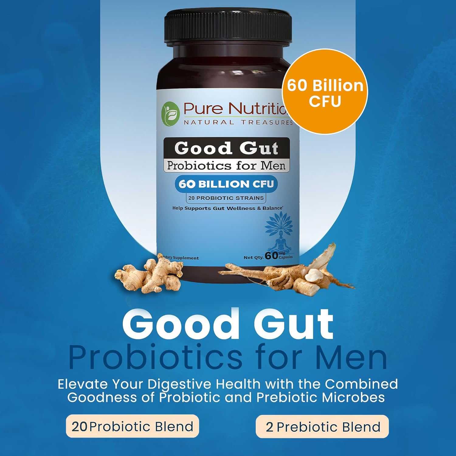 Pure Nutrition Good Gut Men's Probiotics 60 Billion CFU, 20 Strains | 60 Caps | Probiotics for Men with Organic Prebiotic Blend | Once Daily | Non GMO | Gluten Free