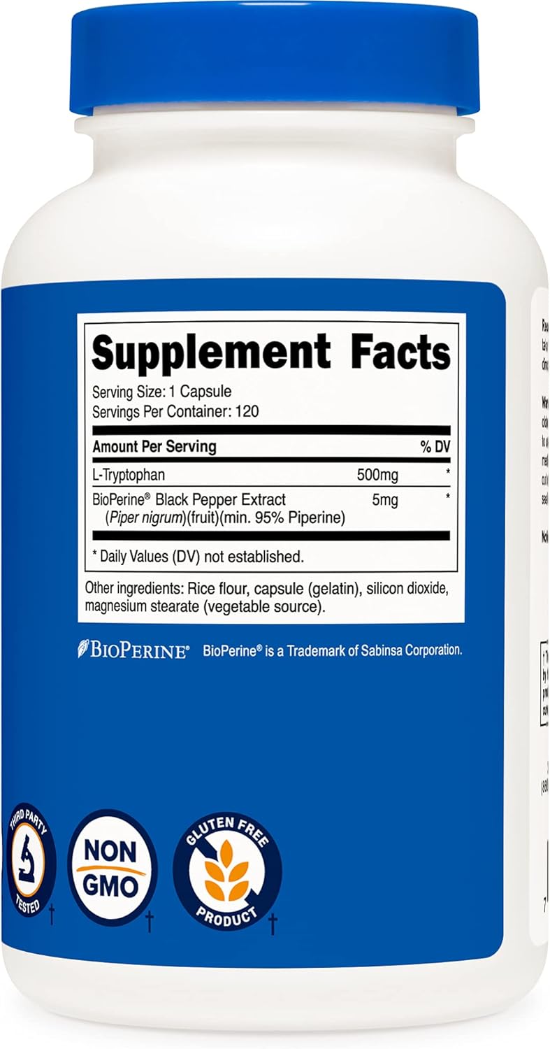Nutricost L-Tryptophan 500mg, 120 Capsules (3 Bottles)
