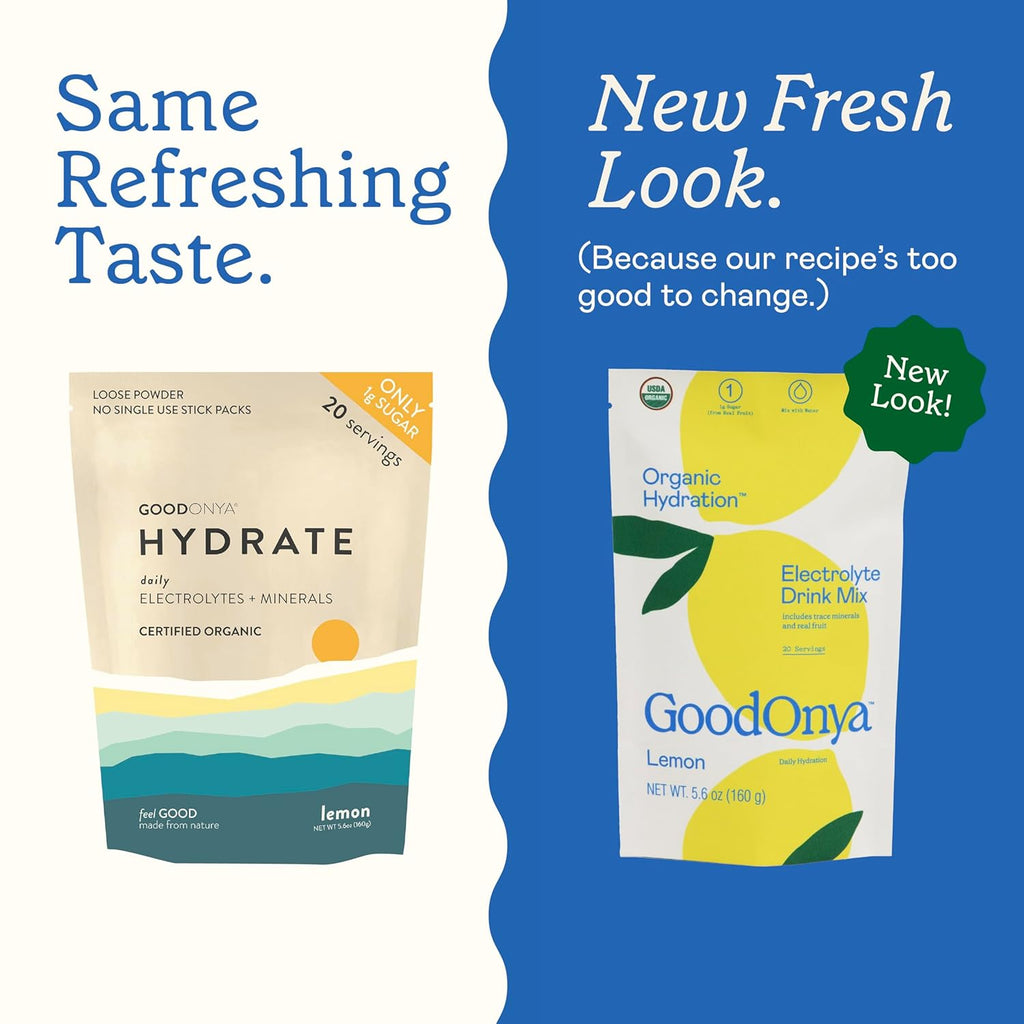 Organic Hydration Electrolyte Drink Mix, Certified Organic Hydration Powder, Non-GMO, Biochecked Glyphosate Free, Low Sugar, Lemonade Flavor, No Artificial Flavors, 20 Servings