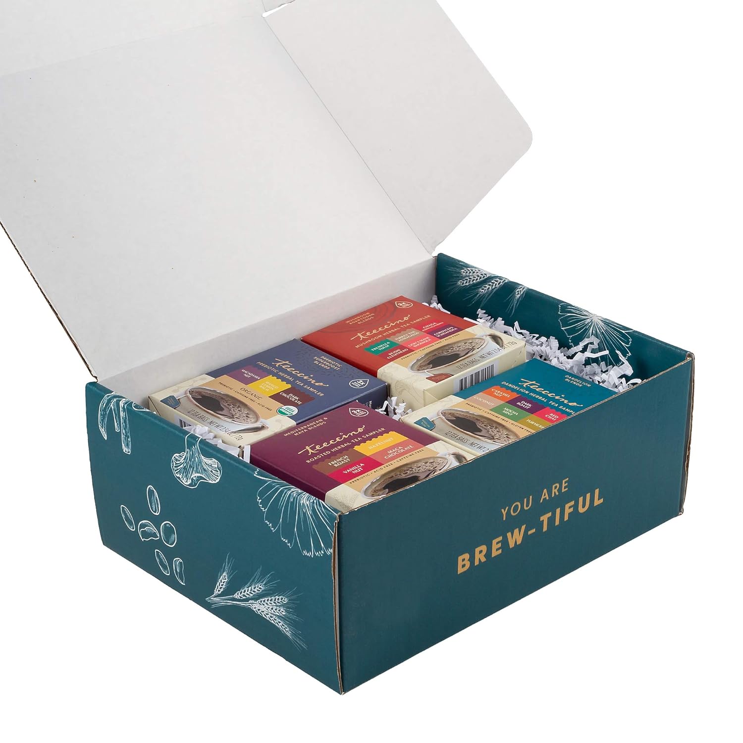 Teeccino Herbal Tea Gift Set - 48 Tea Bag Assortment in 4 Sampler Boxes with Decorative Gift Box - Prebiotic SuperBoost, Dandelion, Mushroom Adaptogen & Classic Herbal Tea Samplers, Caffeine Free