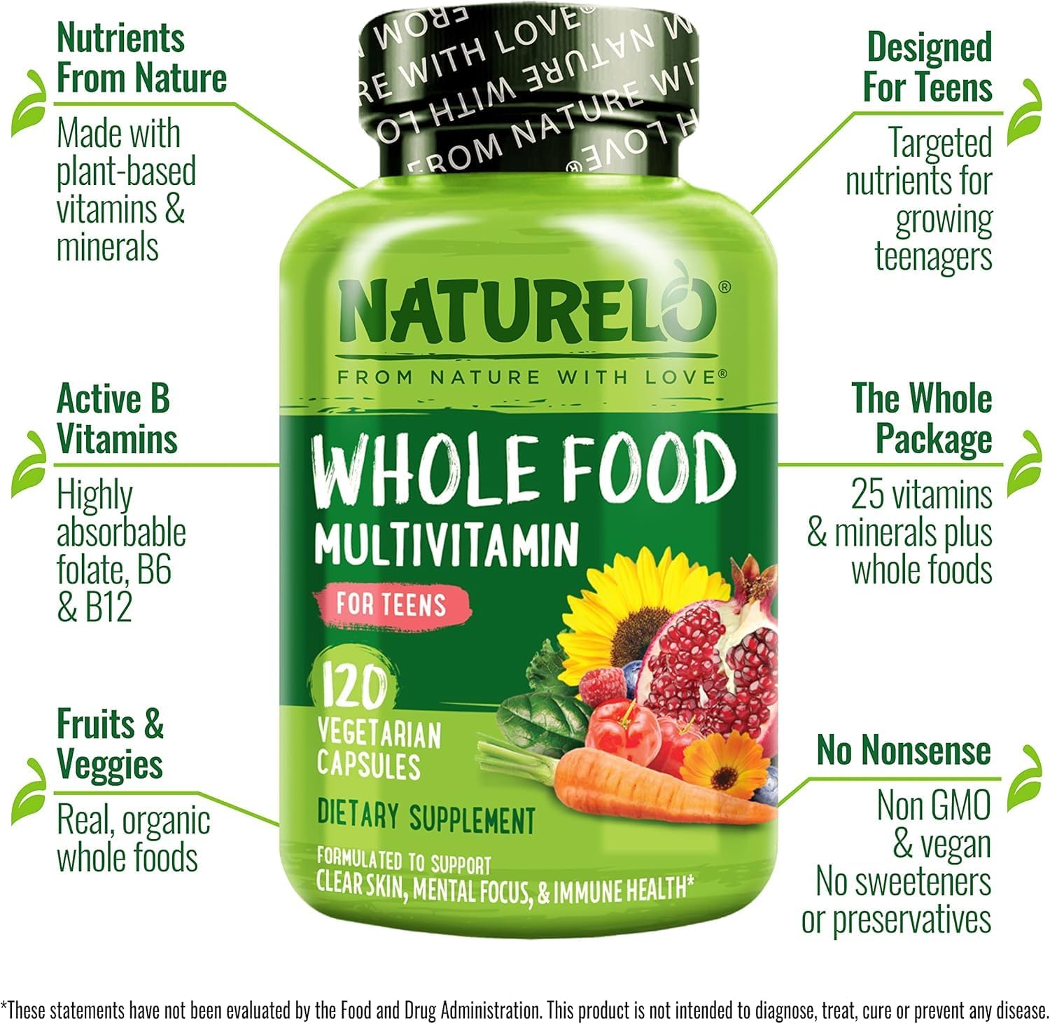 NATURELO Teen Multivitamin - Whole Food Multivitamin - with Minerals for Teenage Boys & Girls - Supplement for Active Kids - Non-GMO - Vegan & Vegetarian - 120 Capsules