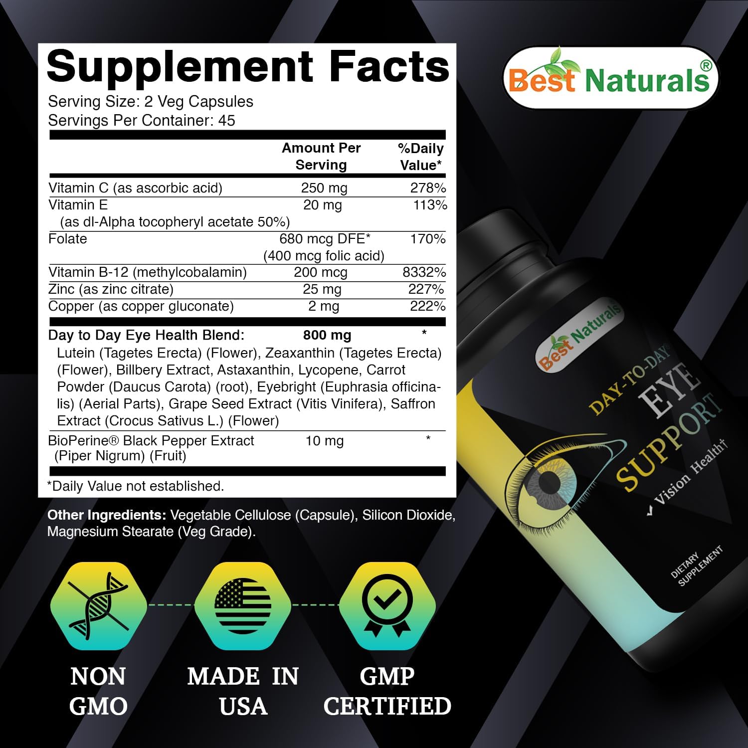Best Naturals Day-to-Day Eye Support with Lutein, Zeaxanthin, Bilberry Extract, Astaxanthin, Lycopene, Carrot Powder 90 Veg Capsules