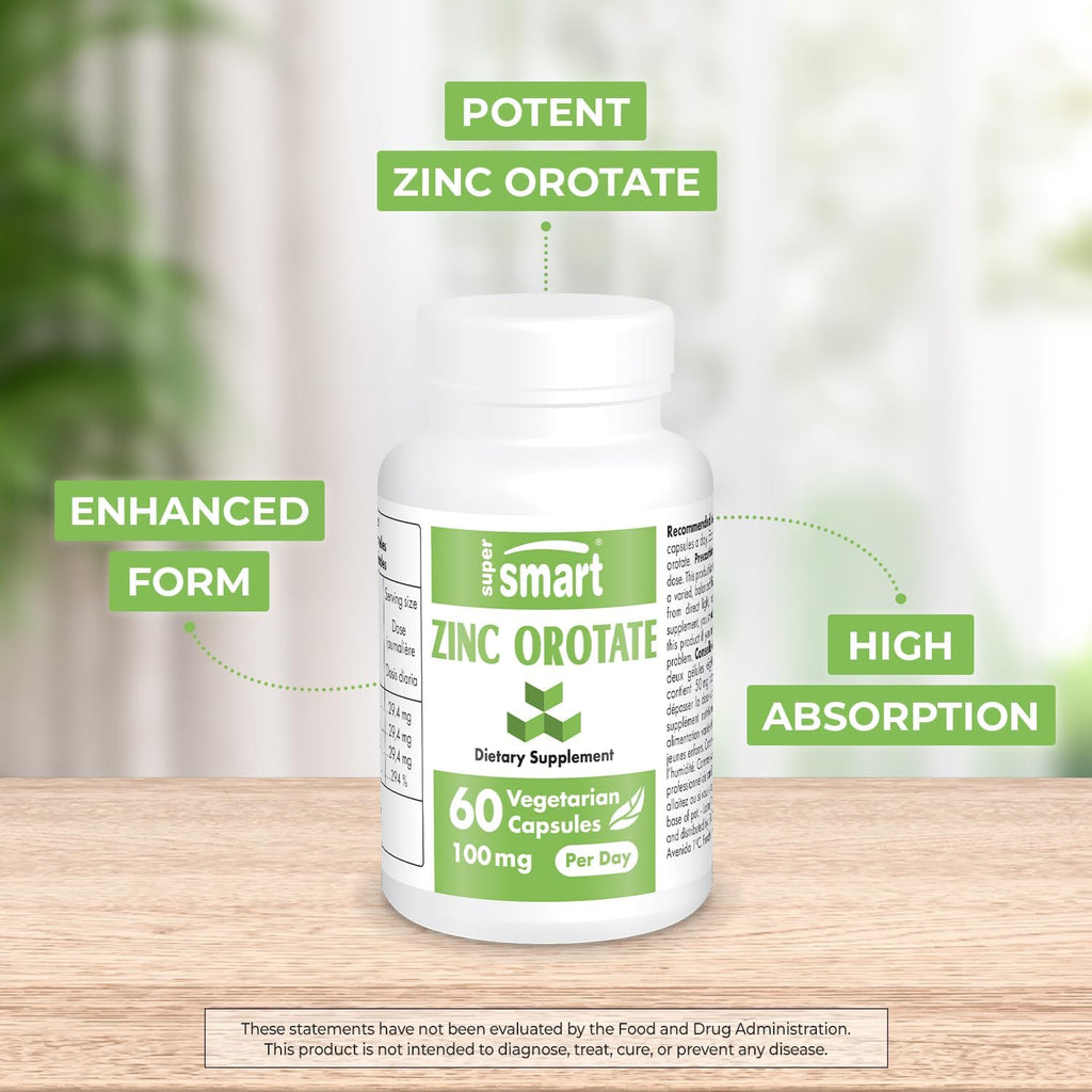SuperSmart - Zinc Orotate Supplement 100mg per Day (High Absorption) - Enhanced Form | Non-GMO & Gluten Free - 60 Vegetarian Capsules