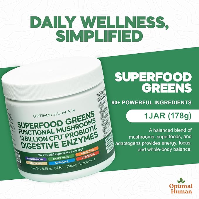 Optimal Human Superfood Greens Powder – 90+ Ingredient Blend with Lion’s Mane Supplement, Ashwagandha & Turmeric – Non-GMO, Soy-Free, Mushroom Supplements for Women - 6.28 oz