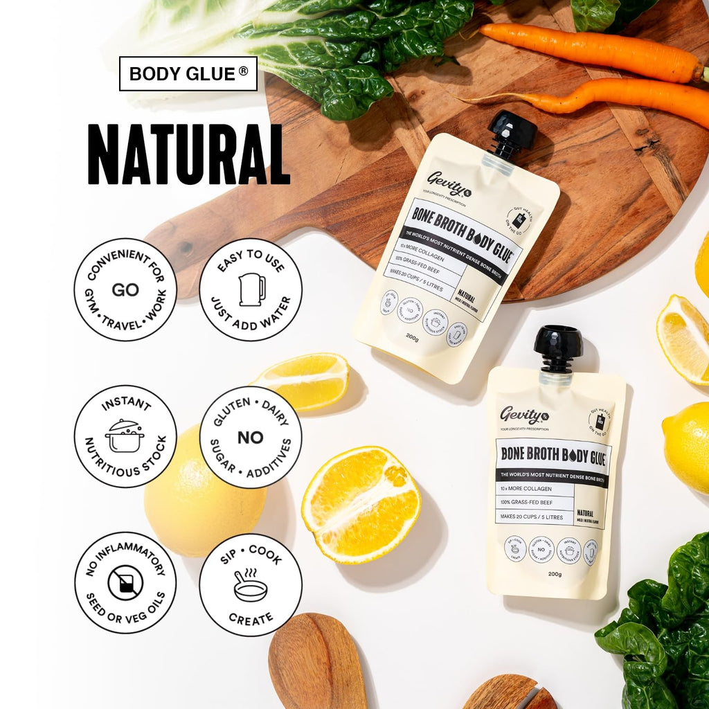 Gevity Rx Bone Broth Body Glue- NATURAL, Go Pouch, Bone Broth Concentrate, 10x more collagen*, The Most Nutrient Dense, Sip-Cook- Create, 100% Grass Fed Beef, 20 servings|5 Litres,7.05 Ounce Pack