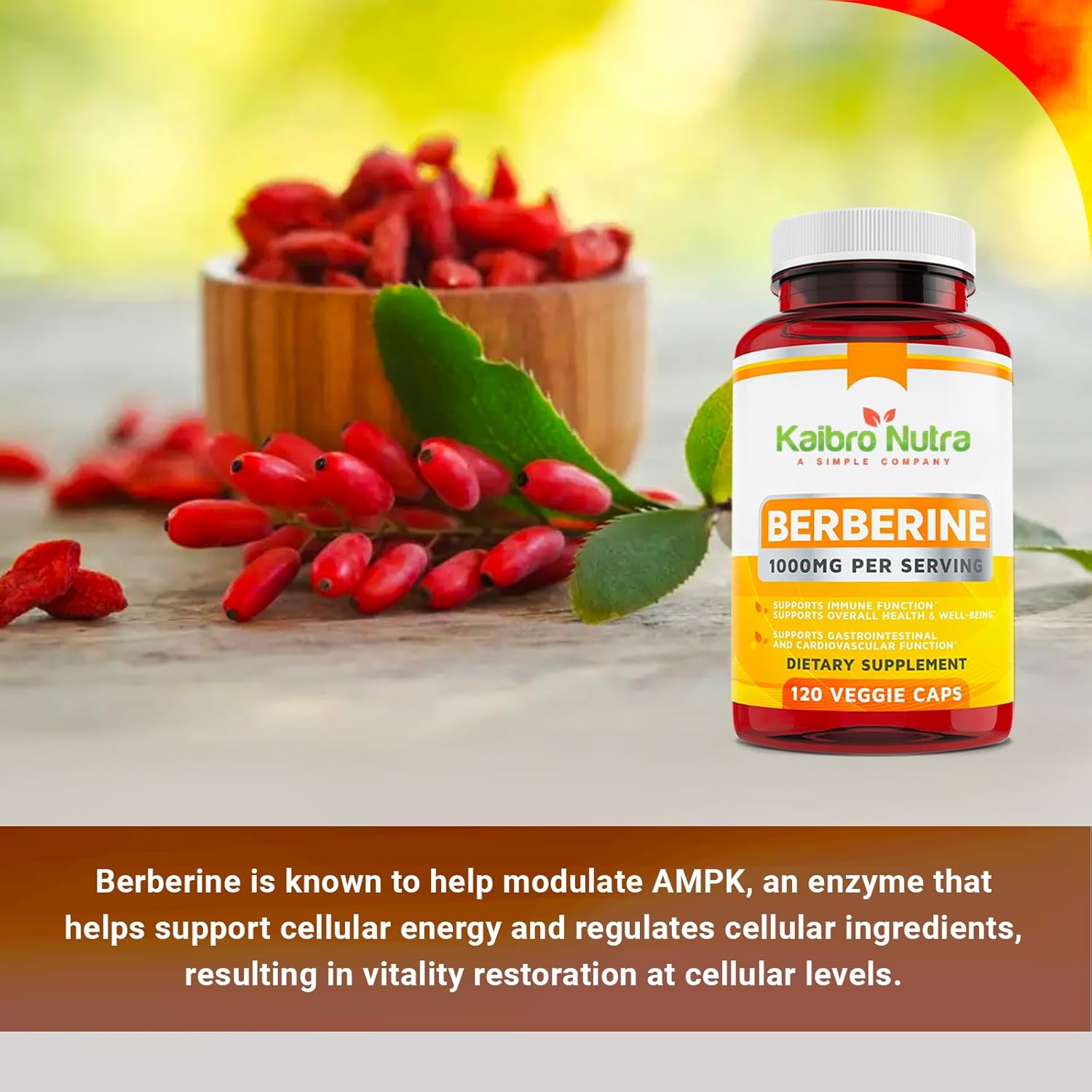 Kaibro Nutra Berberine Supplement 1000mg, Berberine HCL for Immune System, Glucose Support, Circulatory & Gastrointestinal Health, Vegan & Gluten-Free, 120 Capsules