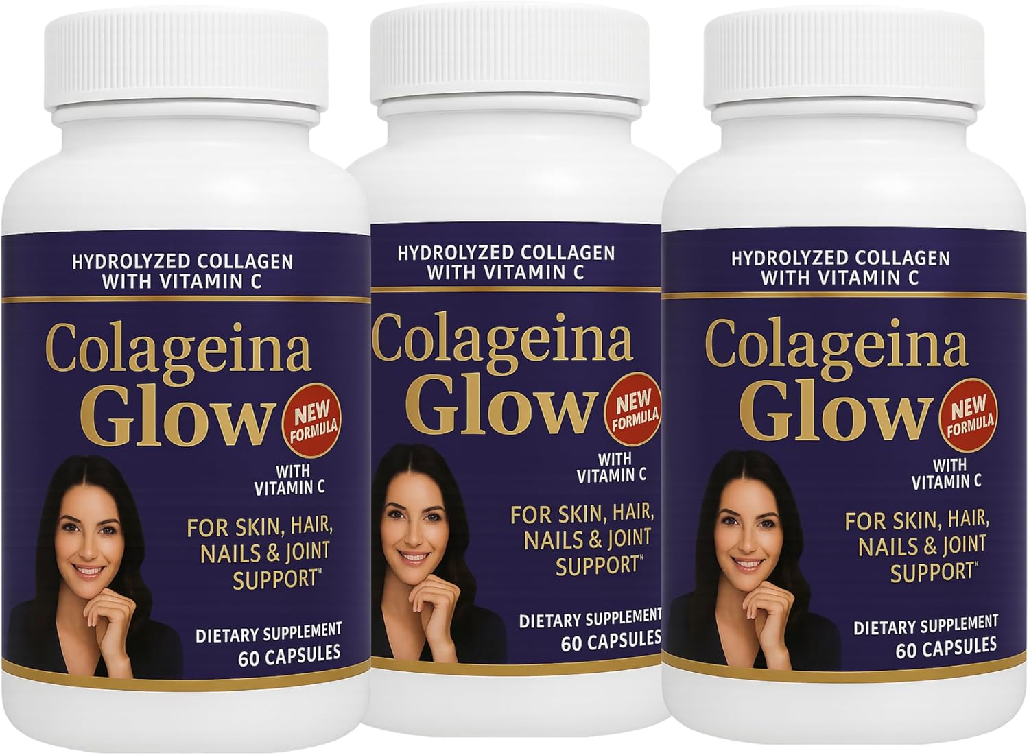 Hydrolyzed Collagen with Vitamin C – Colageina Glow Pack of 3 | 180 Capsules Total | 1000 mg Each | Beauty Routine Supplement for Hair, Nails, Skin & Joint Care – Dietary Formula
