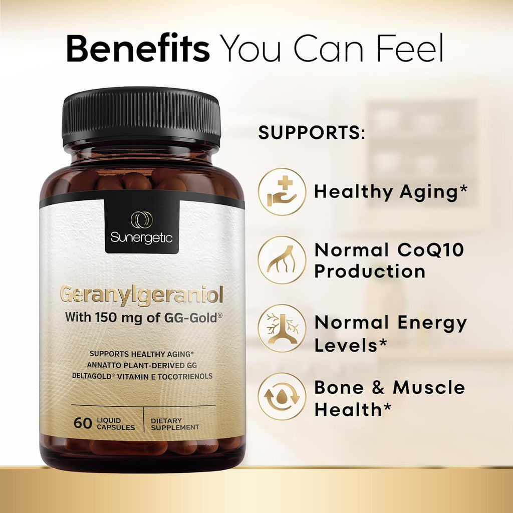 Sunergetic Premium Geranylgeraniol Supplement - GG-Gold 150mg with DeltaGold Vitamin E Tocotrienols- Annatto Derived GG for Statin Users, Heart Health & CoQ10 Production - 60 Capsules