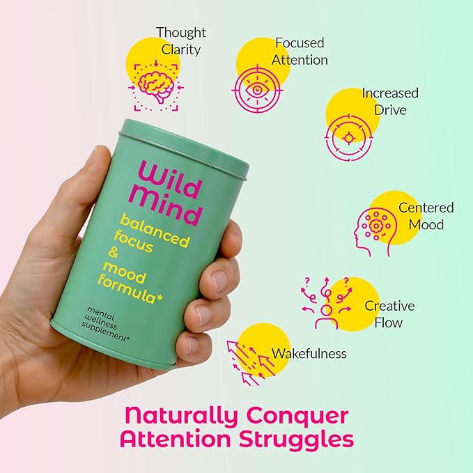 Wild Mind Mental Clarity Balanced Focus & Mood Support Supplement for Mental Wellness– 4-Ingredient Nootropic Brain Support for Calm & Energy – Vegan, 90 Capsules, 30-Day Supply