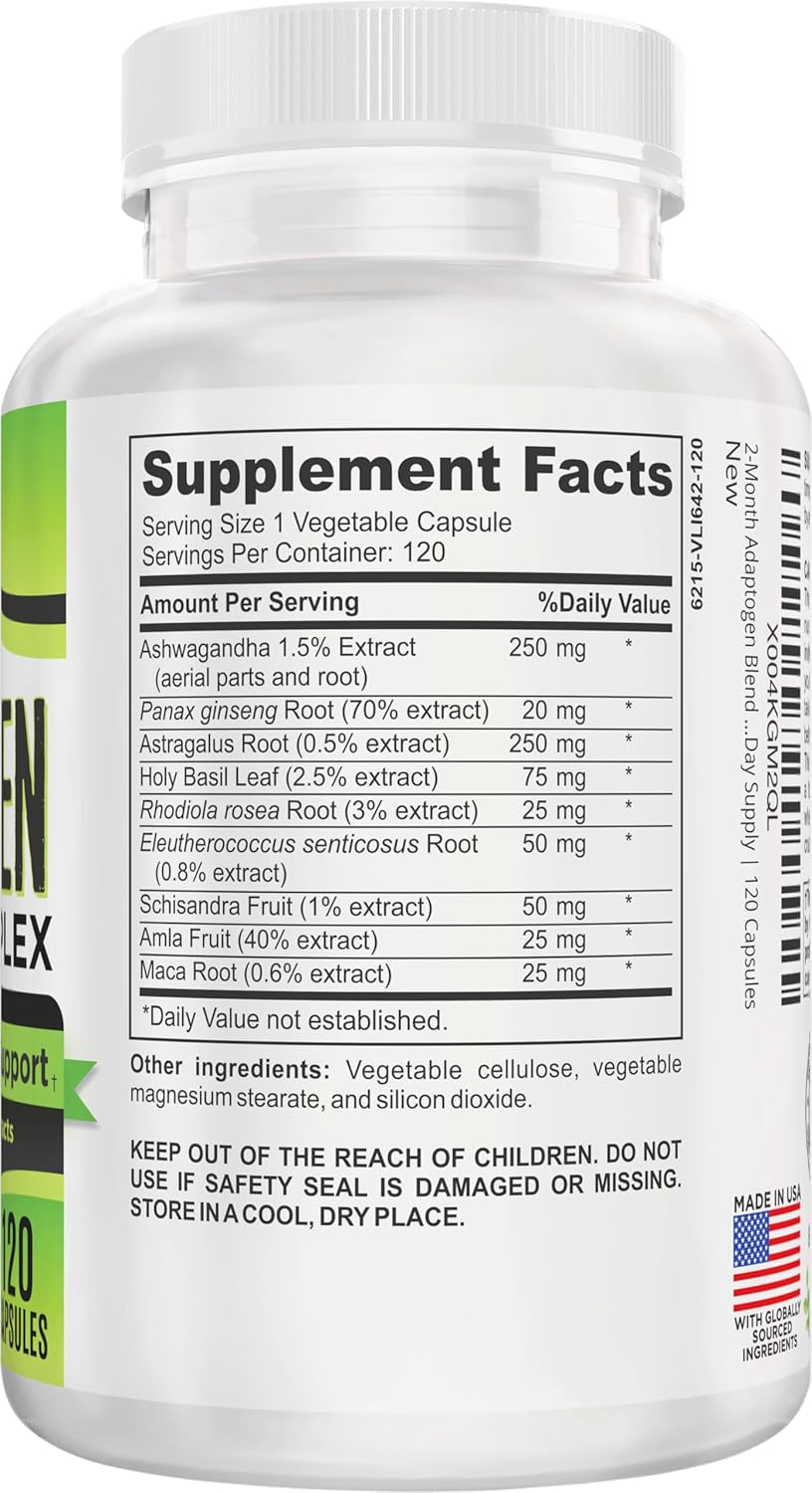2-Month Adaptogen Supplement (9-in-1) Adaptogenic Complex with: Ashwagandha, Panax Ginseng, Rhodiola & More | Premium Herbal Extracts Blend | Adaptogen Supplements | 60-Day Bulk Supply | 120 Capsules