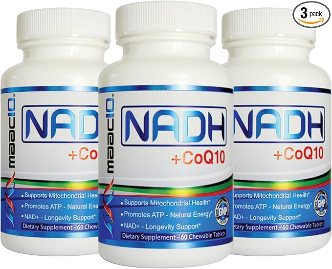 MAAC10 NADH + CoQ10 Chewable Tablets (3-Pack - 180 Tablets) | 50mg PANMOL® NADH + 100mg CoQ10 Supports Fatigue, Energy and NAD+, Non-GMO, Gluten Free, Vegetarian (3 Month Supply)