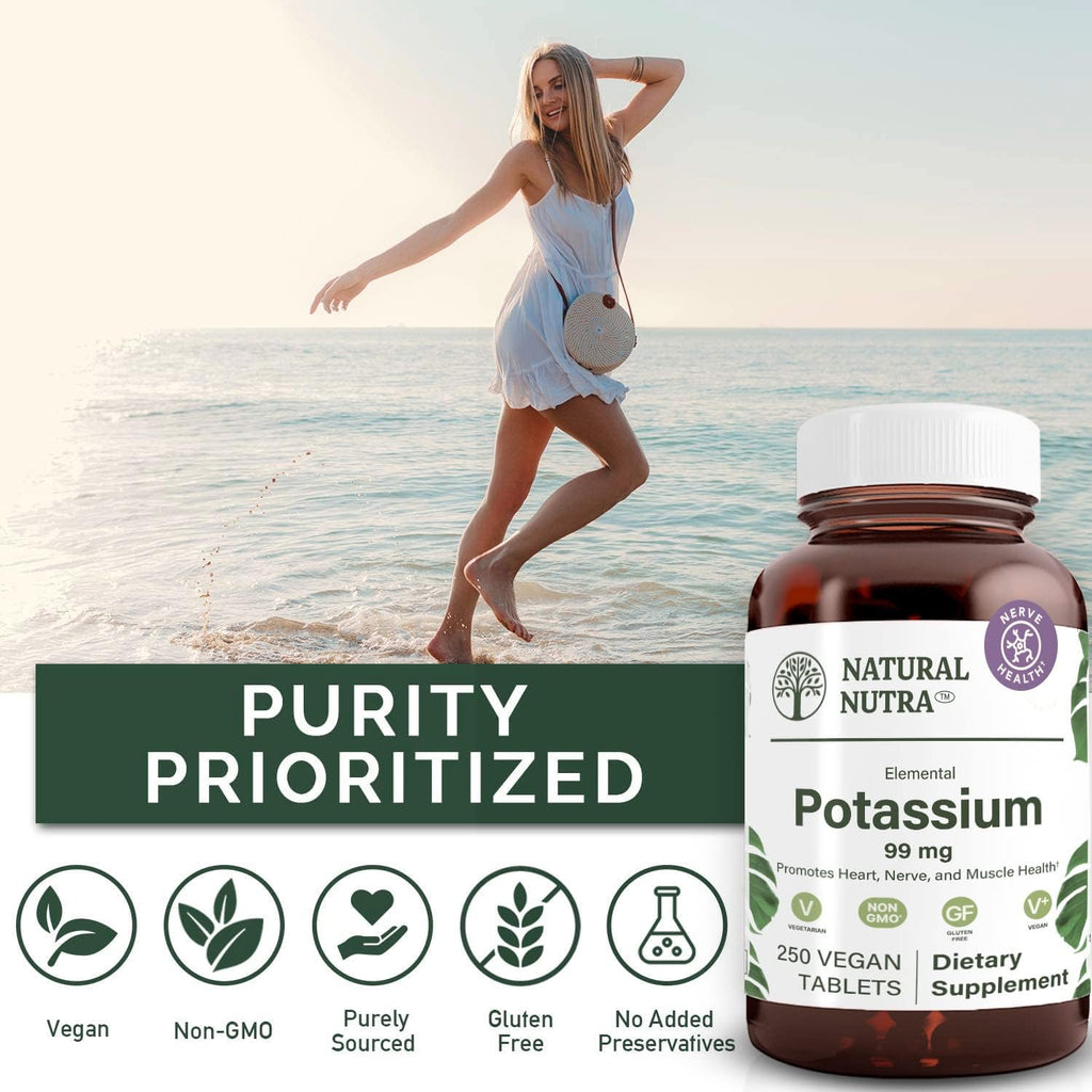 Natural Nutra Elemental Potassium Gluconate 99 mg Dietary Supplement – Promotes Energy, Helps Boost Nervous System, Promotes Heart Health, Mineral Regulation, Muscle Function - 250 Vegan Tablets
