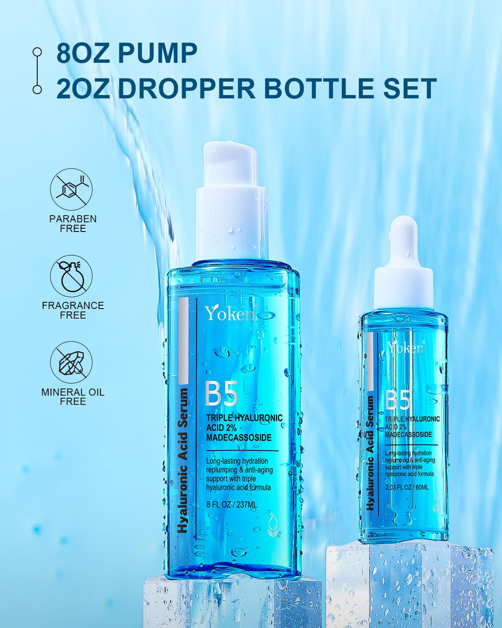 Yoken EWG Verified Hyaluronic Acid Serum for Face 8 + 2 fl oz, Vitamin B5 & Triple Pure Hyaluronic Acid 2%, Anti-aging Facial Serum for Fine Line Wrinkle Hydrating Serum Plump Dry Skin Fragrance-Free