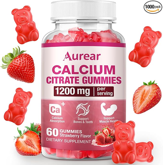 Calcium Citrate Gummies - Strawberry Flavor, 1200mg High Potency, Supports Bone, Muscle & Overall Wellness for Men, Women & Seniors, 60 Count Chewable Calcium Supplement (Pack of 1)