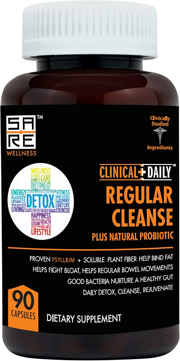 Clinical Daily Regular Cleanse. Natural Colon Cleanser & Detox for Energy and Constipation Relief. 90 Herbal Dietary Fiber Pills - Psyllium Husk Powder Capsules with Glucomannan, Aloe, PROBIOTICS