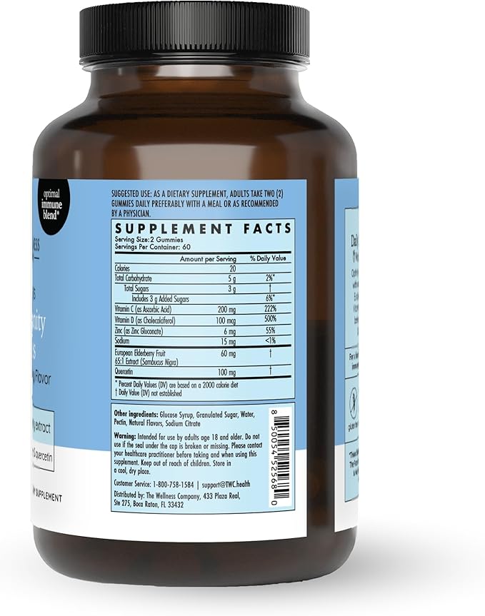 The Wellness Company Daily Immunity Gummies – Delicious Immune Boost - Elderberry, Zinc, Quercetin, Vitamins C & D | 60ct (1 Month Supply)
