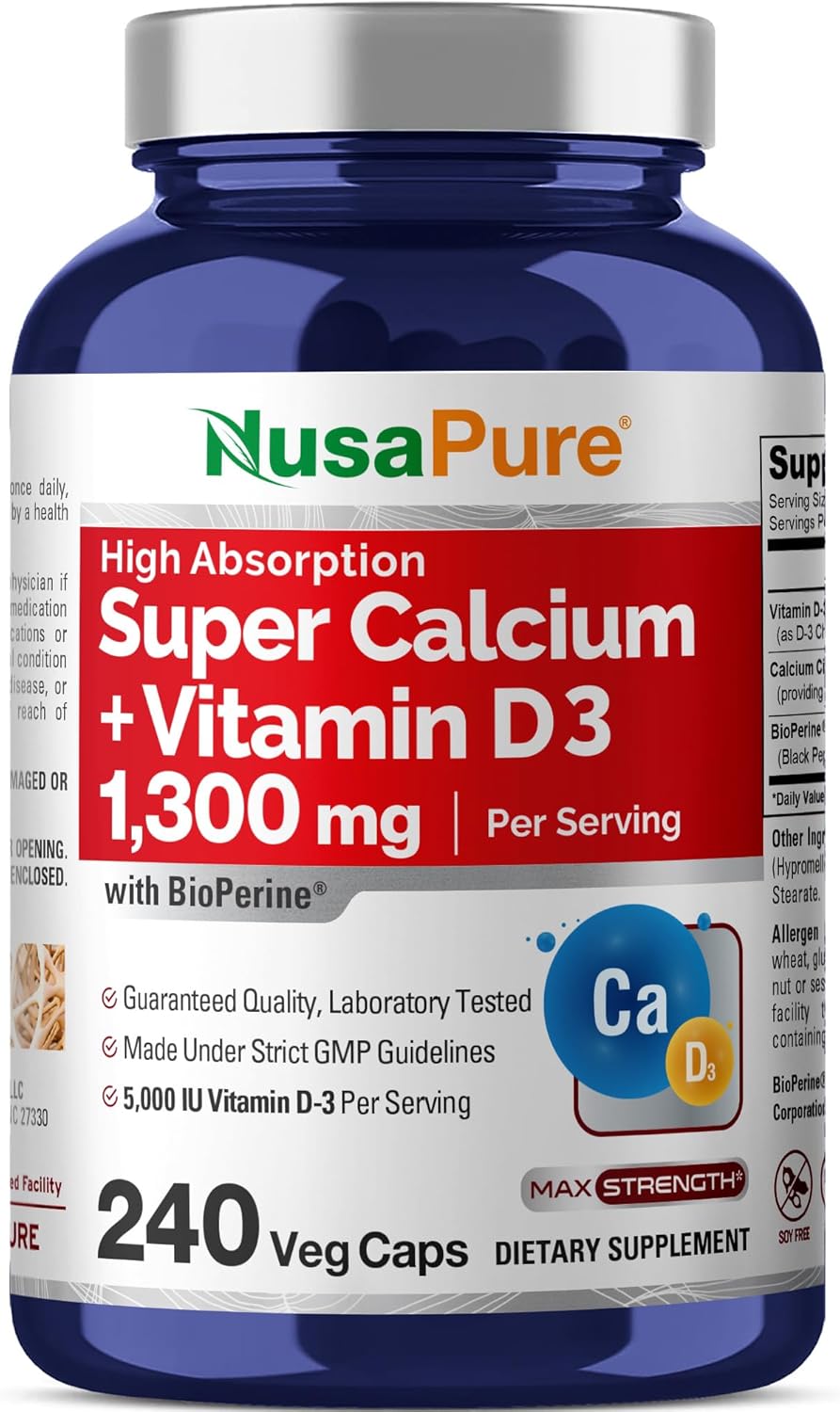 NusaPure Super Calcium 1300mg, Vitamin D3-240 Veggie Caps (Non-GMO, Soyfree, Bioperine)