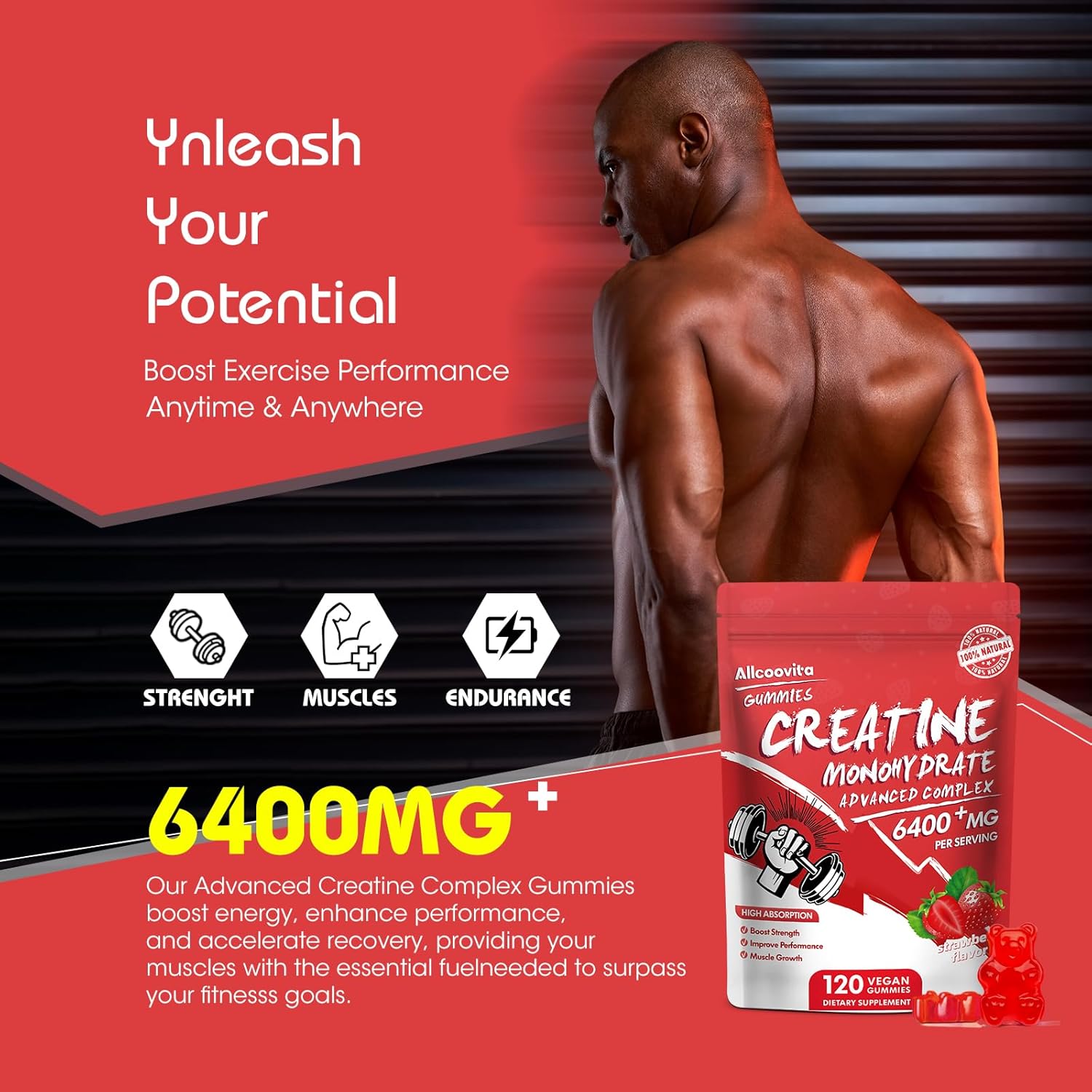 Creatine Monohydrate Gummies Complex for Men & Women - 120 Gummies Advanced Formula, L-Taurine + Vitamin B12 for Muscle Strength, Muscle Builder, Energy Boost, Pre-Workout Supplement-Strawberry