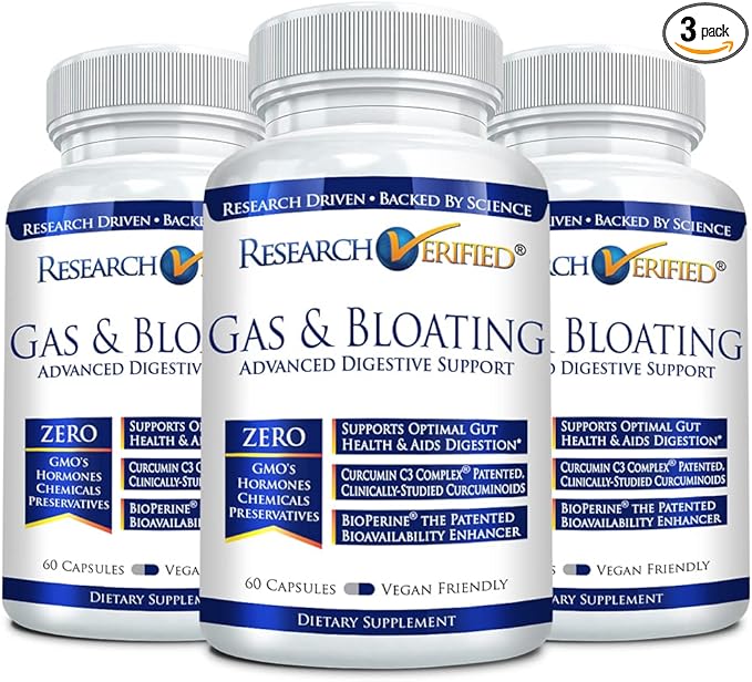 Research Verified Gas and Bloating - Relax Intestinal Muscles, Eliminate Gas Buildup - Artichoke Powder, Ginger, Peppermint Leaf Powder - 180 Capsules - Vegan