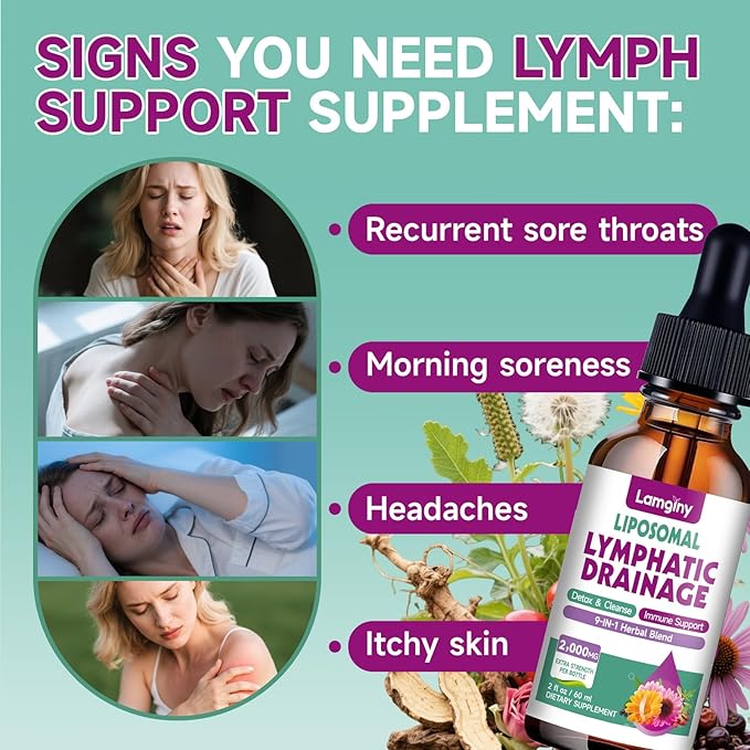 Liposomal Lymphatic Drainage Drops, 9-In-1 Lymphatic Drainage Supplements for Detox & Cleanse, with Echinacea, Dandelion, Elderberry, Burdock Root & Cleavers, Immune & Lymph System Support, 2 FL OZ