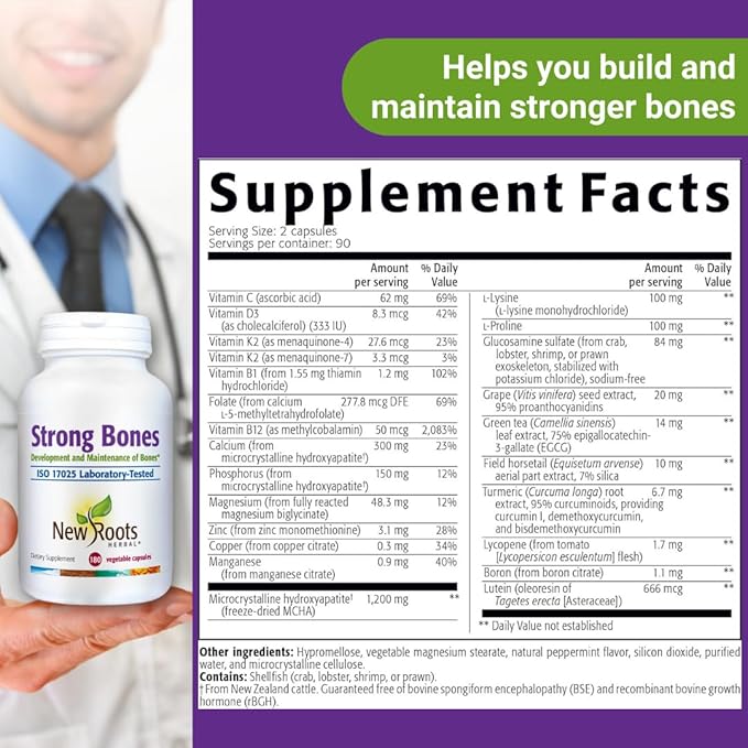 Strong Bone Supplement | 22-in-1 Formula with Glucosamine Sulfate, Calcium, Magnesium, Turmeric, Vitamin D3, B1, K2, B12, Zinc, Enhanced Absorption (180 Veg Caps) | New Roots Herbal