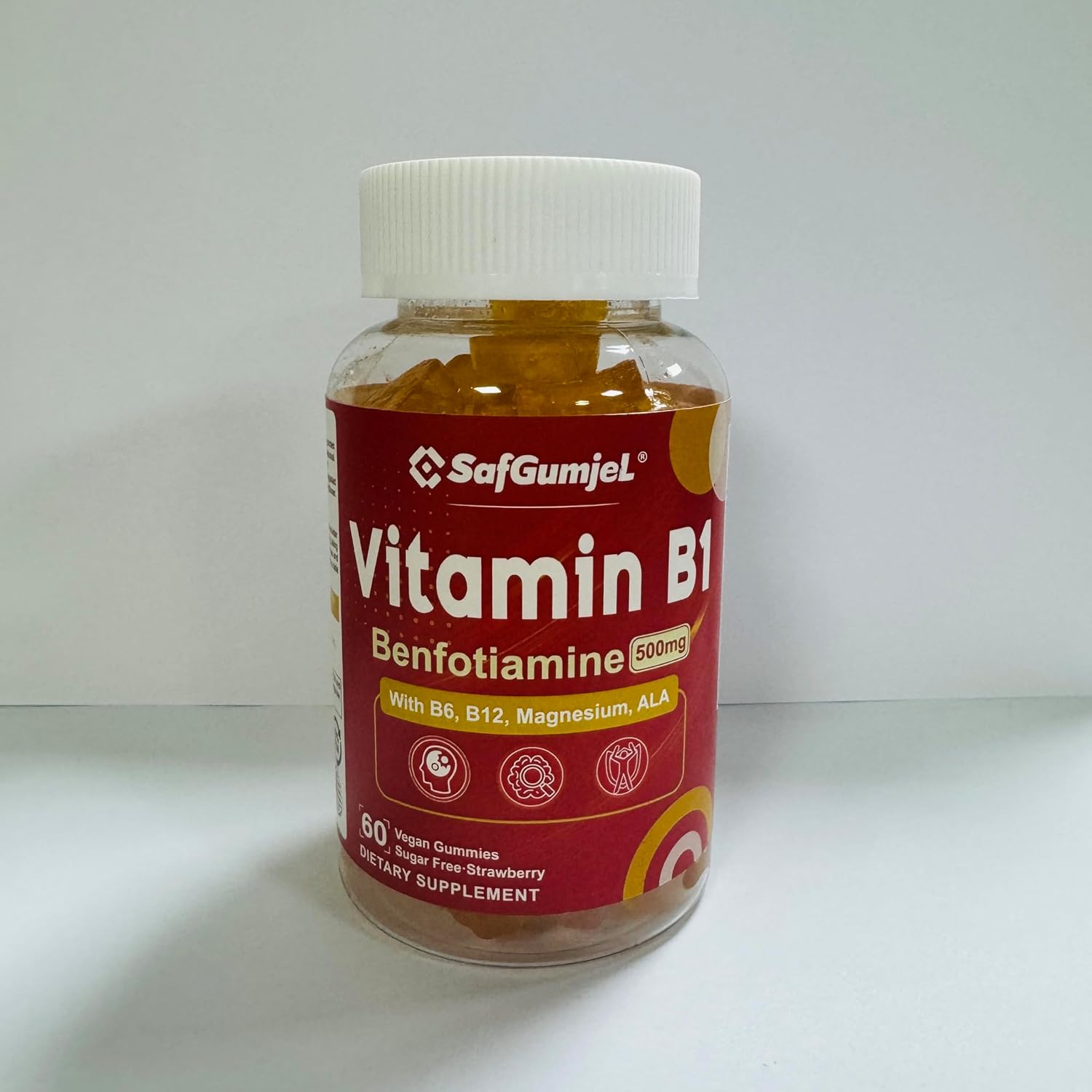 Vitamin B1 Gummies - Benfotiamine 500mg, Vitamin B1 B6 B12 Complex, Sugar Free, Non GMO, Vegan, 60 Counts