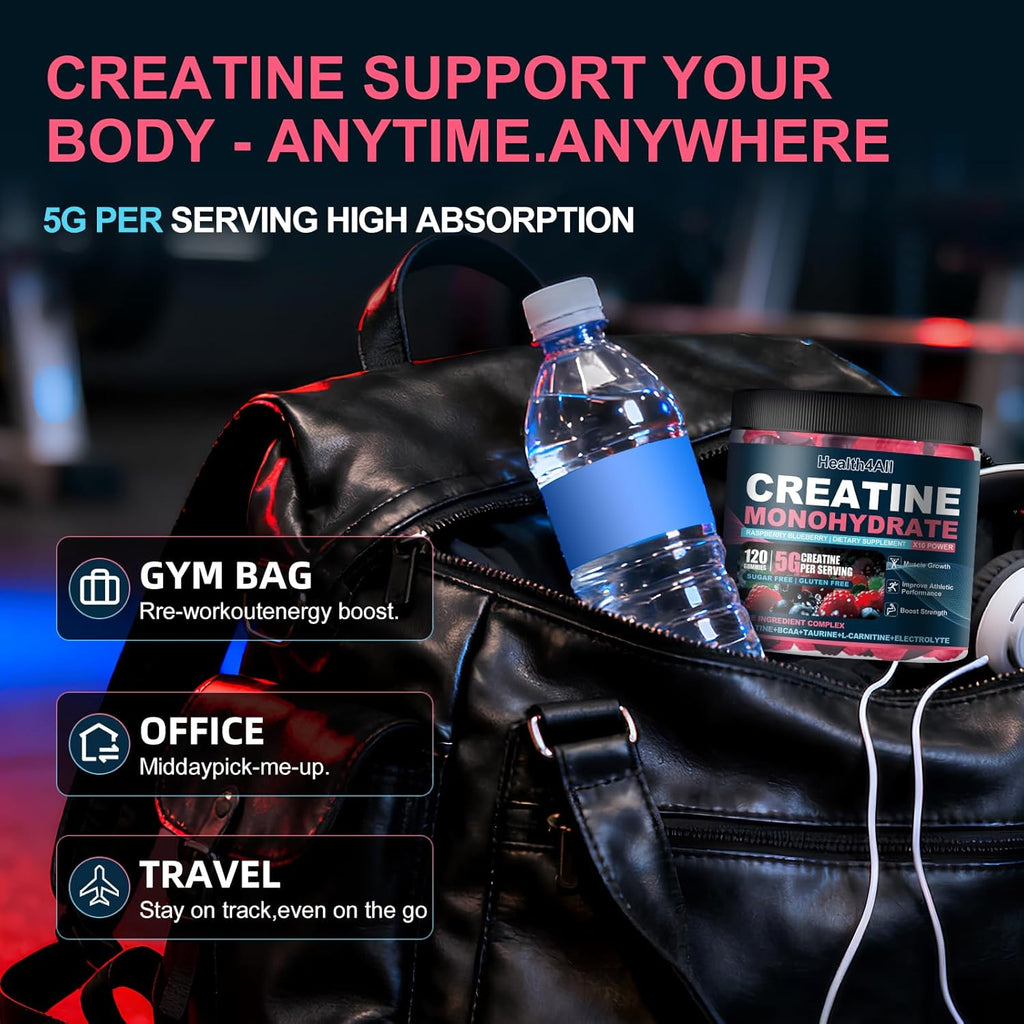 Health4All Creatine Monohydrate Gummies 5G for Men & Women, Preworkout Supplement for Energy & Muscle Growth Support with Electrolyte, BCAA, L-Carnitine & Taurine- Raspberry & Blueberry 120 Gummy