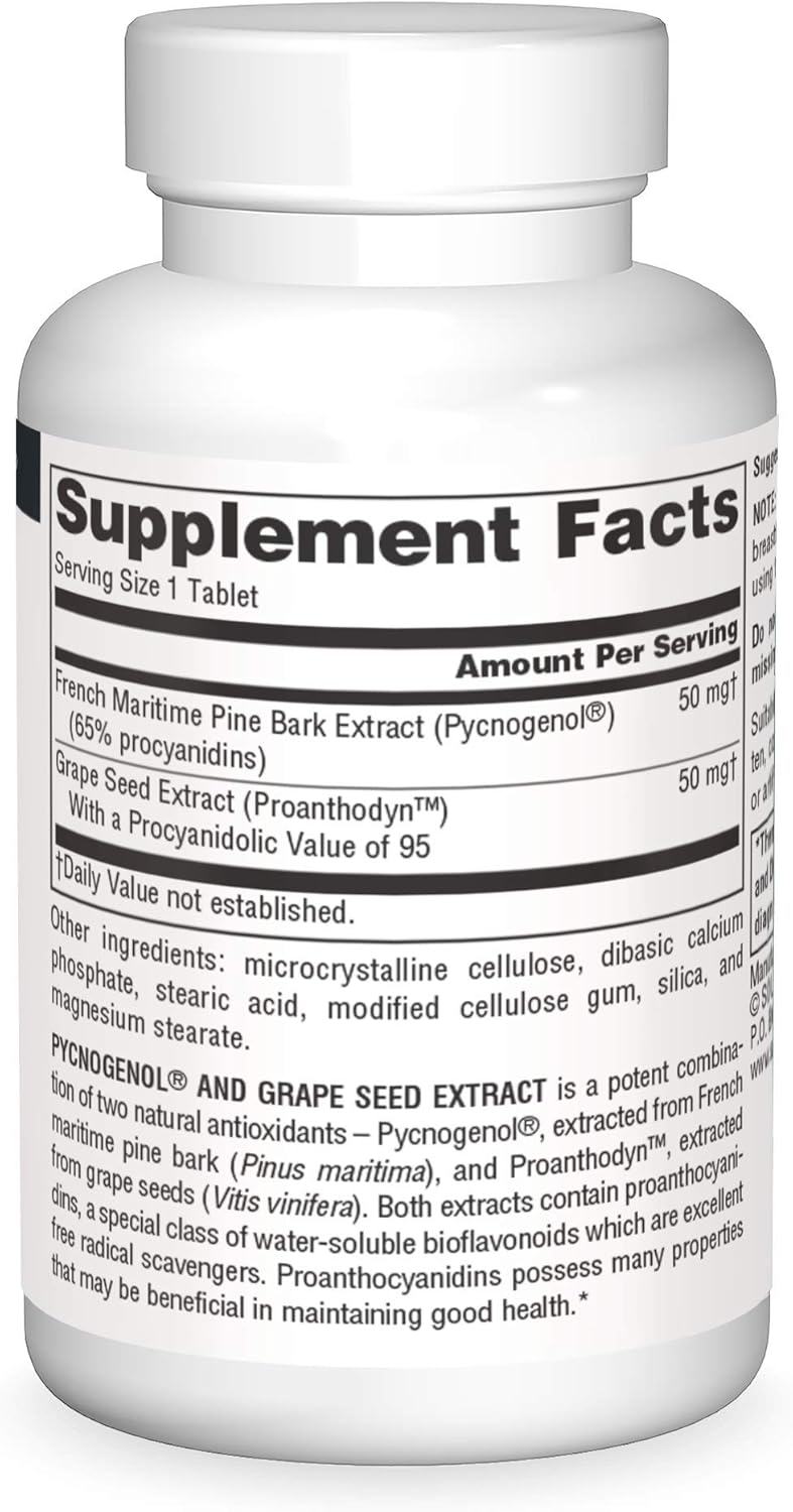 Source Naturals Pycnogenol & Grape Seed Extract 100 mg Dietary Supplement - 30 Tablets - a Potent Combination of Two Powerful Natural antioxidants*
