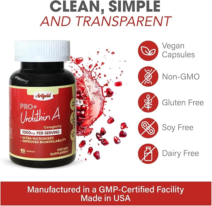 Urolithin A PRO 1000mg Ultra-Micronized Postbiotic Supplement for Cellular Energy, Support Healthy Aging, Longevity Complex, Mitochondrial Support. Pomegranate-Derived Vegan & Non-GMO. 90 Caps