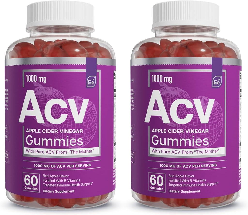 Essential Elements Apple Cider Vinegar Gummies from The Mother - Naturally-Sourced, Vegan ACV with Folic Acid and Vitamin B6 & B12 (2 Pack)