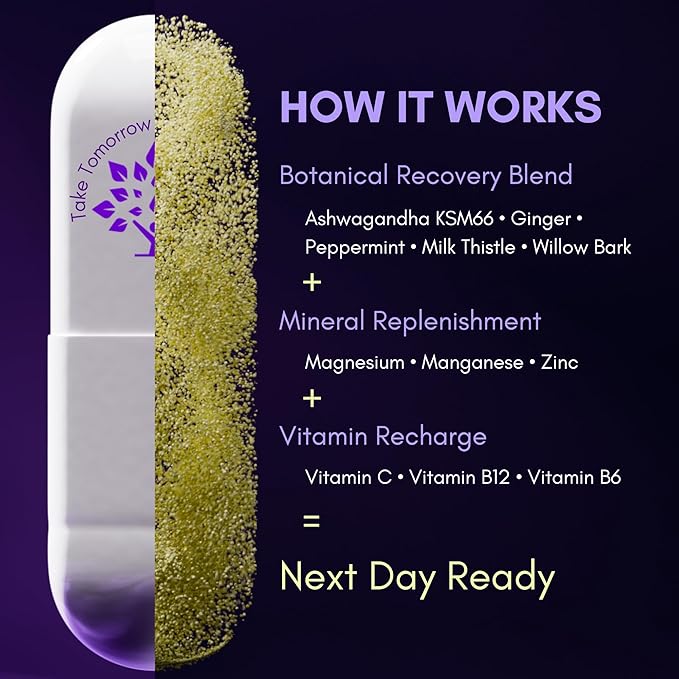purple tree Next Day – Post-Drink Morning Wellness Supplement for Balance, Restore & Replenishment | Ashwagandha KSM-66, Milk Thistle, Ginger, Peppermint, Electrolytes & Vitamins | 30 Capsules